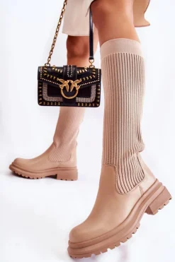 Damskie Boto Prążkowane Damskie Kozaki Na Płaskim Obcasie Beżowe Allys