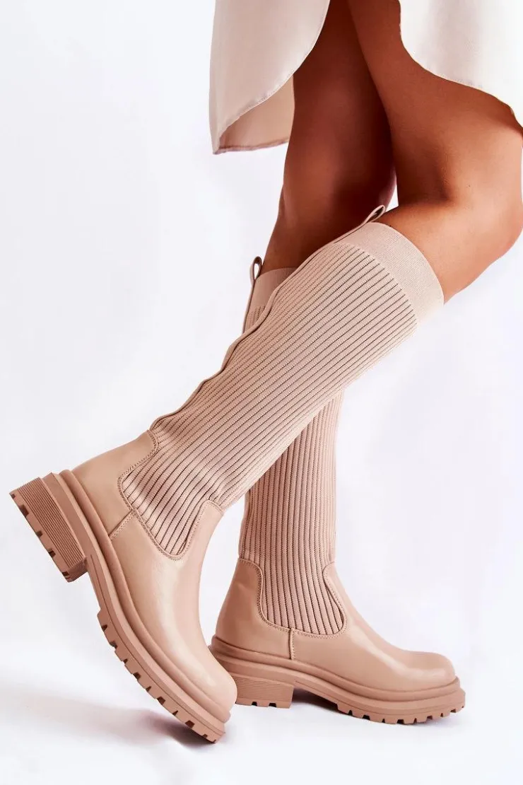 Damskie Boto Prążkowane Damskie Kozaki Na Płaskim Obcasie Beżowe Allys