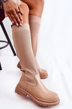 Damskie Boto Prążkowane Damskie Kozaki Na Płaskim Obcasie Beżowe Allys