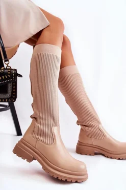 Damskie Boto Prążkowane Damskie Kozaki Na Płaskim Obcasie Beżowe Allys
