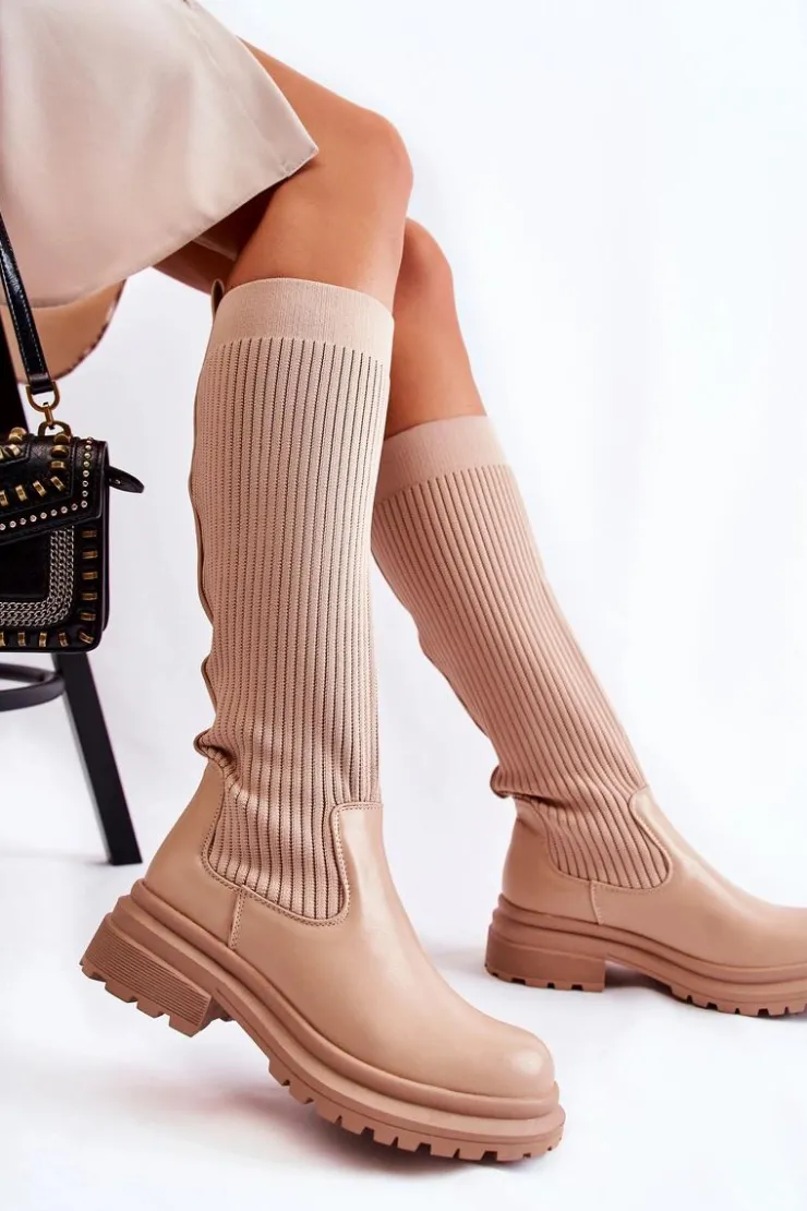 Damskie Boto Prążkowane Damskie Kozaki Na Płaskim Obcasie Beżowe Allys