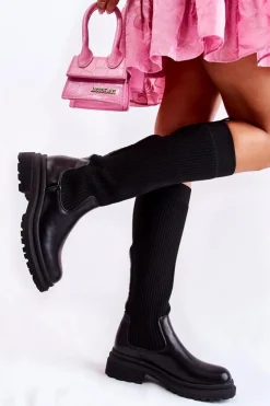 Boto Kozaki Płaskie|Kozaki Przed Kolano*Prążkowane Damskie Kozaki Na Płaskim Obcasie Czarne Allys