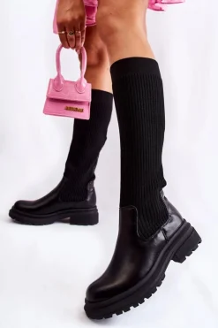 Boto Kozaki Płaskie|Kozaki Przed Kolano*Prążkowane Damskie Kozaki Na Płaskim Obcasie Czarne Allys