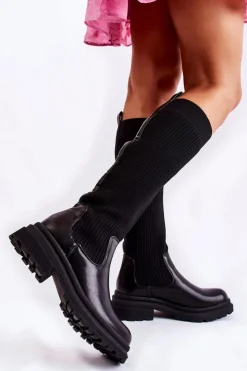 Boto Kozaki Płaskie|Kozaki Przed Kolano*Prążkowane Damskie Kozaki Na Płaskim Obcasie Czarne Allys