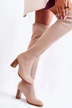 Damskie Boto Prążkowane Klasyczne Kozaki Na Obcasie Beżowe Laossi