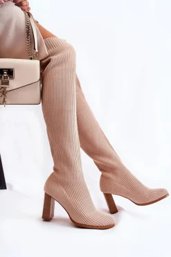 Damskie Boto Prążkowane Klasyczne Kozaki Na Obcasie Beżowe Laossi