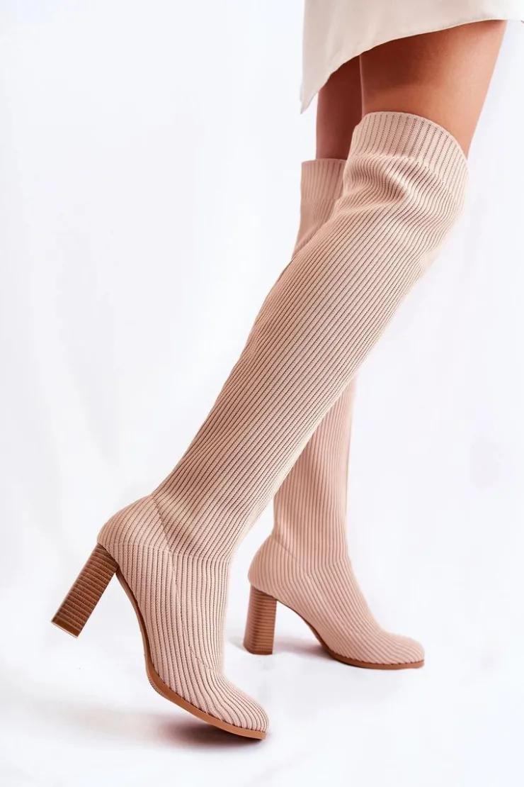 Damskie Boto Prążkowane Klasyczne Kozaki Na Obcasie Beżowe Laossi