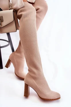 Damskie Boto Prążkowane Klasyczne Kozaki Na Obcasie Beżowe Laossi