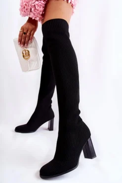 Boto Prążkowane Klasyczne Kozaki Na Obcasie Czarne Laossi