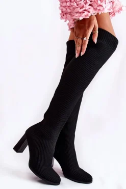 Boto Prążkowane Klasyczne Kozaki Na Obcasie Czarne Laossi