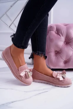 Damskie Boto Różowe Zamszowe Mokasyny Z Frędzlami Ermire
