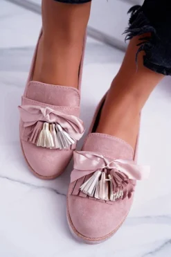 Damskie Boto Różowe Zamszowe Mokasyny Z Frędzlami Ermire