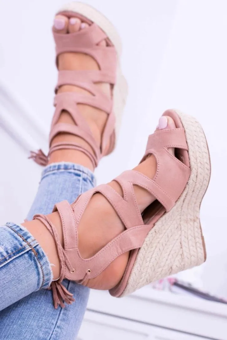 Boto Sandały Na Koturnie*Różowe Zamszowe Sandały Na Koturnie Nowelio