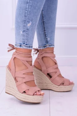 Boto Sandały Na Koturnie*Różowe Zamszowe Sandały Na Koturnie Nowelio