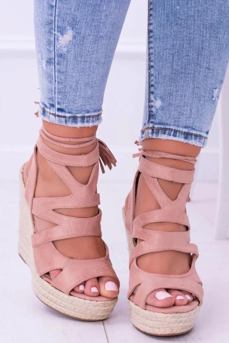 Boto Sandały Na Koturnie*Różowe Zamszowe Sandały Na Koturnie Nowelio