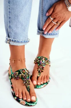 Boto Sandały Płaskie*Sandałki Damskie Eleganckie Japonki Kryształki Zielone Under Control