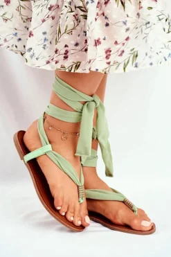 Boto Sandały Płaskie*Sandałki Damskie Japonki Wiązane Zielone Derryl