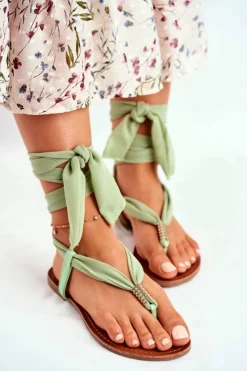 Boto Sandały Płaskie*Sandałki Damskie Japonki Wiązane Zielone Derryl