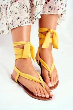 Boto Sandały Płaskie*Sandałki Damskie Japonki Wiązane Żółte Derryl
