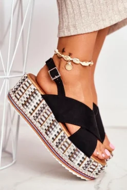 Damskie Boto Sandałki Damskie Na Koturnie espadrylu czarne Sandy