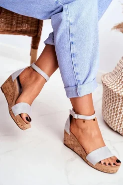 Clearance Boto Sandałki Damskie Na Koturnie Szare MarryMe