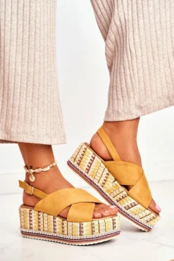 Discount Boto Sandałki Damskie Na Koturnie espadrylu Żółte Sandy