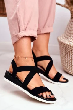 Damskie Boto Sandałki Damskie Na Koturnie Czarne Wsuwane Harper