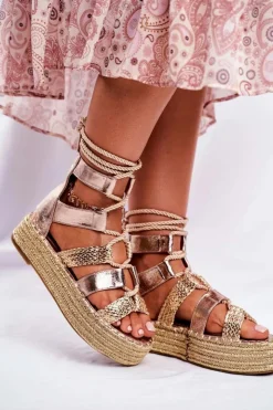 Boto Sandały Na Obcasie*Sandałki Damskie Na Platformie Espadrylu Złote Eromica