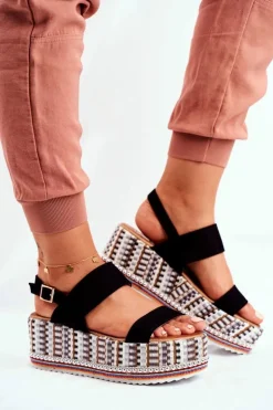 Boto Sandały Na Koturnie*Sandałki Damskie Na Platformie Czarne Sandy