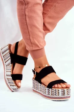 Boto Sandały Na Koturnie*Sandałki Damskie Na Platformie Czarne Sandy