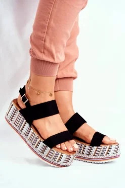 Boto Sandały Na Koturnie*Sandałki Damskie Na Platformie Czarne Sandy