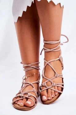 Damskie Boto Sandałki Damskie Wiązane Beżowe Negros