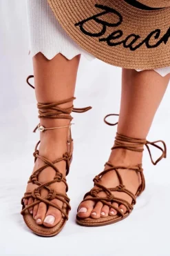 Boto Sandały Płaskie*Sandałki Damskie Wiązane Camel Negros