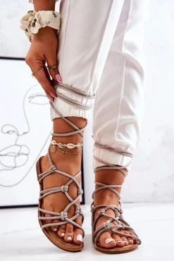 Boto Sandały Płaskie*Sandałki Damskie Wiązane Szare Negros