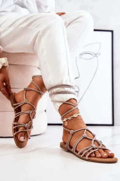 Boto Sandały Płaskie*Sandałki Damskie Wiązane Szare Negros