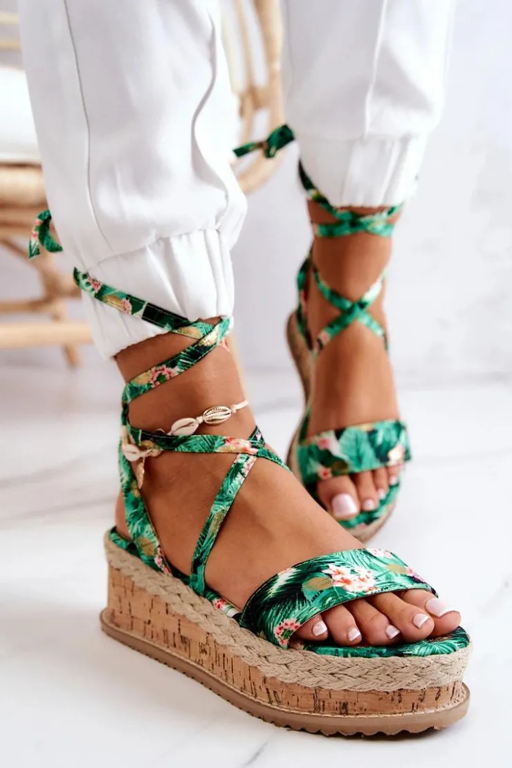 Hot Boto Sandałki Espadryle Na Koturnie Zielone Kwiaty Roxanne