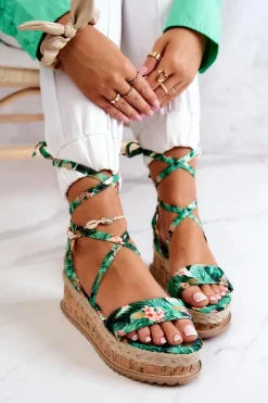 Hot Boto Sandałki Espadryle Na Koturnie Zielone Kwiaty Roxanne