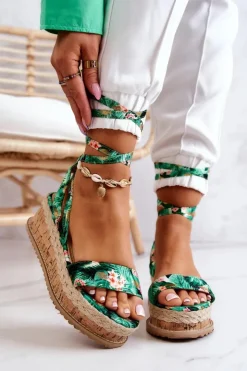 Hot Boto Sandałki Espadryle Na Koturnie Zielone Kwiaty Roxanne