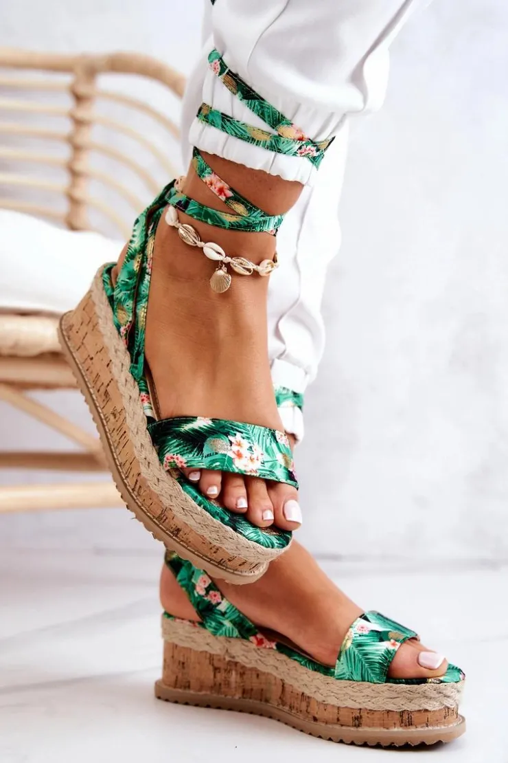 Hot Boto Sandałki Espadryle Na Koturnie Zielone Kwiaty Roxanne