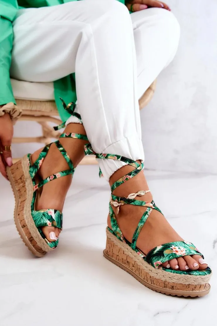 Hot Boto Sandałki Espadryle Na Koturnie Zielone Kwiaty Roxanne