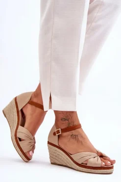 Damskie Boto Sandałki Na Koturnie Beżowe Artista