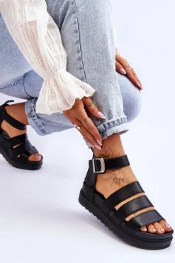 Damskie Boto Sandałki Na Masywnej Platformie Czarne Lisbona