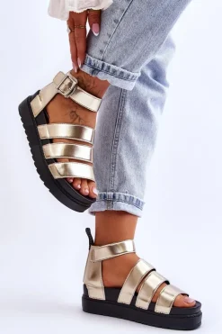 Damskie Boto Sandałki Na Masywnej Platformie Złote Lisbona