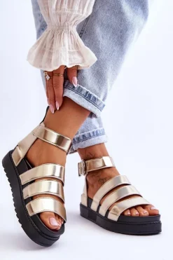 Damskie Boto Sandałki Na Masywnej Platformie Złote Lisbona