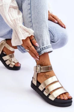 Damskie Boto Sandałki Na Masywnej Platformie Złote Lisbona