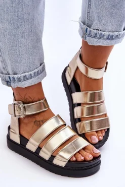 Damskie Boto Sandałki Na Masywnej Platformie Złote Lisbona