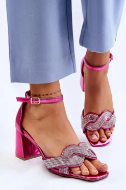 Damskie Boto Sandałki Na Niskim Obcasie Z Dżetami Fuksja Monra