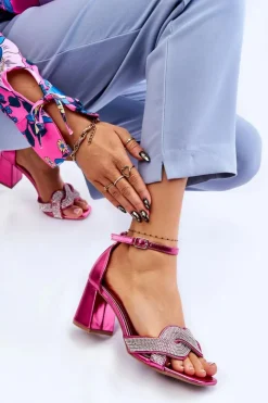 Damskie Boto Sandałki Na Niskim Obcasie Z Dżetami Fuksja Monra