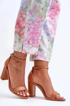 Hot Boto Sandałki Na Słupku Wężowy Wzór Brązowe Hacia