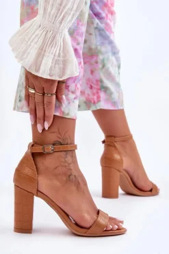 Hot Boto Sandałki Na Słupku Wężowy Wzór Brązowe Hacia